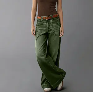 Women's High-Waisted Stretch Denim Flare Jeans, Wide-Leg Baggy Pants in Olive Green - Womenswear with Flattering Fit