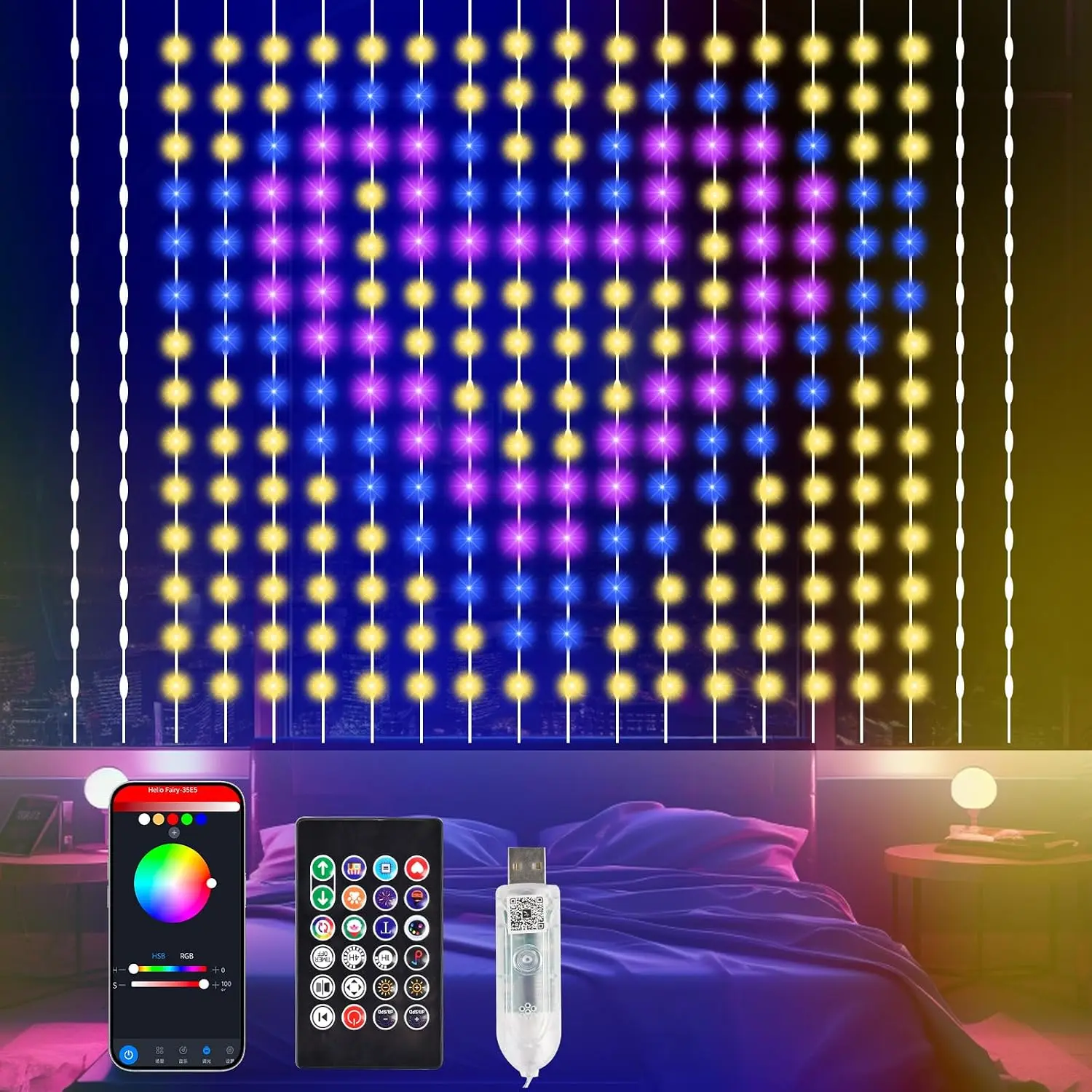 Curtain light, Bluetooth APP + remote control dual control, music synchronized rhythm, indoor bedroom party Christmas decoration ambient light, RGB lighting