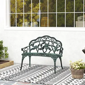 Outdoor Cast Aluminum Bench - Antique Green Metal Outdoor Furniture with Floral Rose Accent, 22 lbs Strong Lightweight Design for Easy Single-Person Movement