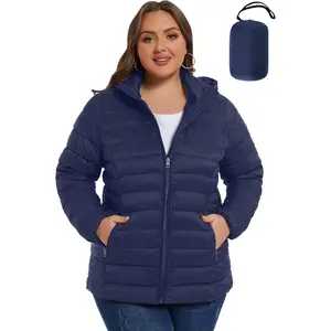 Plus Size Packable Puffer Coat for Women Light Weight Winter Jacket with Hood