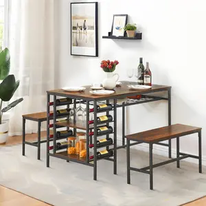 Dining Table Set for 4, Kitchen Table with 2 Benches & Wine Rack, 3-Piece Rectangular Dining Set with Storage Shelves for Small Space, Rustic Brown/Grey/Black