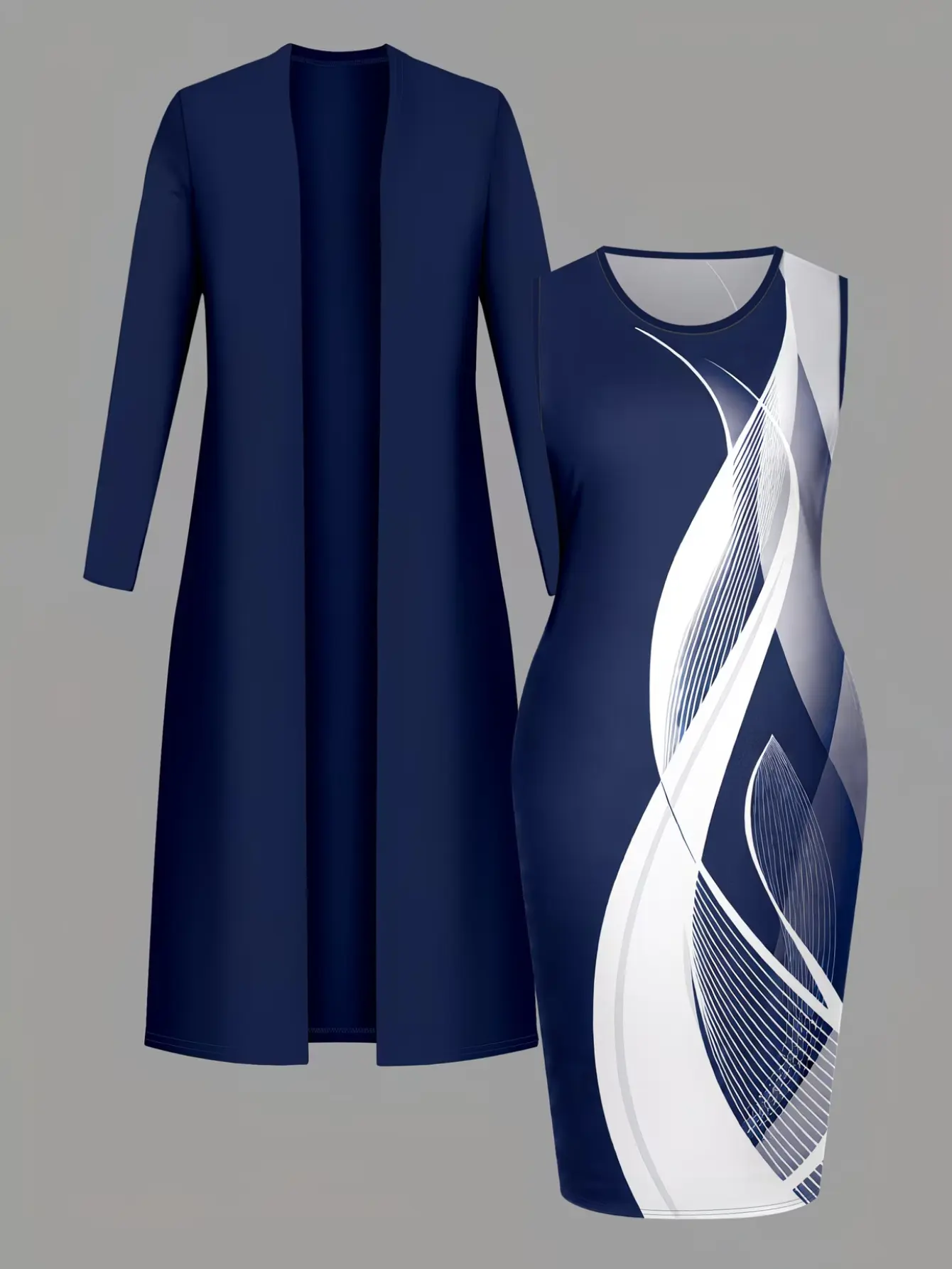 Women's Elegant Floral 2-Piece Clothing Set - Sleeveless Round Neck Dress, Buttonless Long-Sleeved Jacket, Polyester Fabric, Casual Wear, All-Season Style - Suitable for Commuting, Date Outings