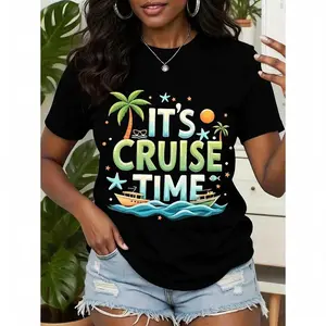 Cruise ship T-shirt with "cruise time" tropical palm tree and boat prints, perfect for vacations, beaches, and summer travel. Women's T-shirt, holiday celebration clothing, holiday-themed T-shirt, for festival fashion enthusiasts