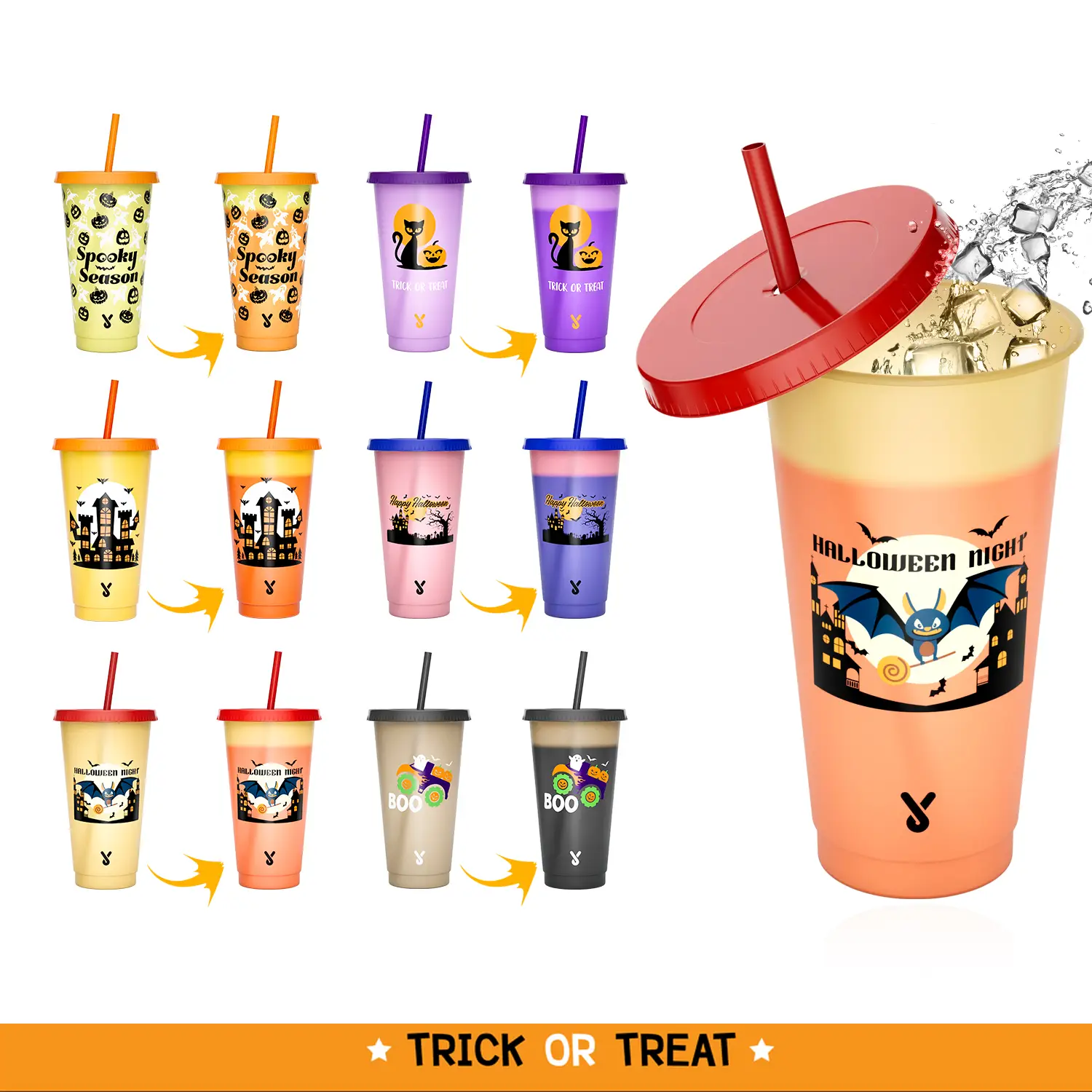 MEOKY Halloween Magic Tumbler 6-Pack 24oz & 12oz Color-Changing Cups with Lids & Straws Eco-Friendly Reusable Bulk Cups for Family Gatherings
