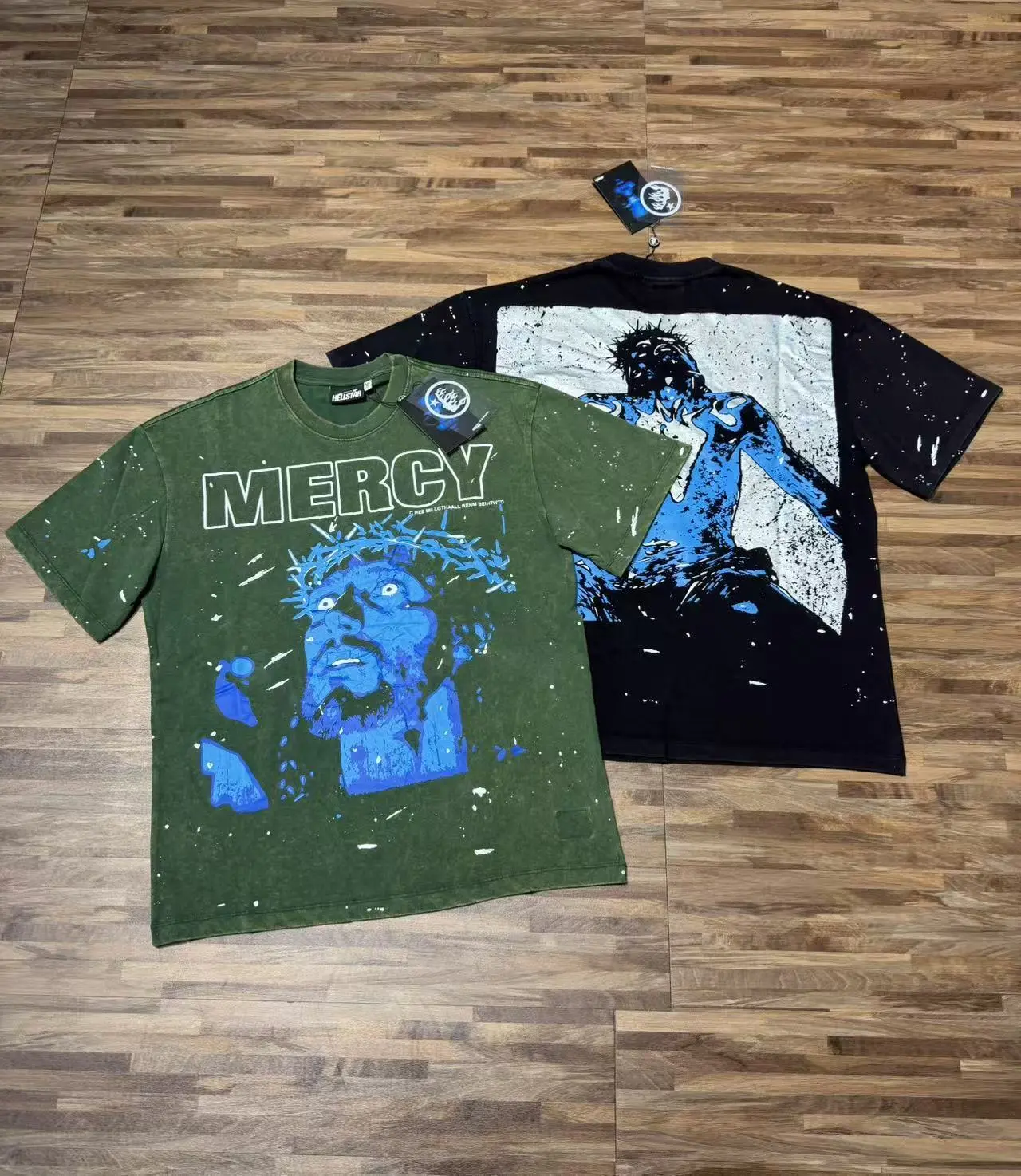 HELLSTAR Mercy Thorn Crown Jesus Double Sided Graphic Tee | Splatter Vintage Washed Oversized Y2K Streetwear | Dark Religious Casual Top