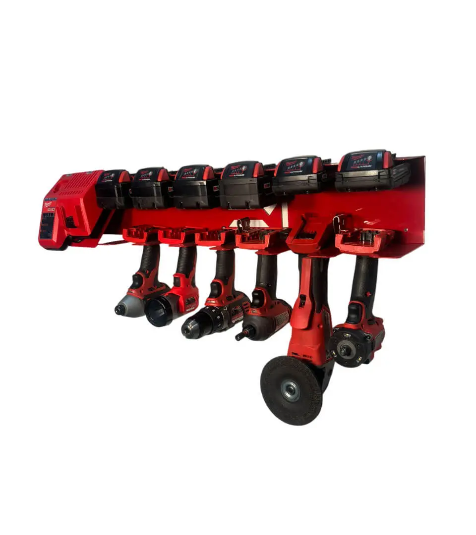 Locking Battery and Drill Charging Station - compatible with Milwaukee 18v Drills and batteries- Holds 6 Tools & 6 Batteries - Red Powder Coat - CNC Precision - Wall-Mounted Design - 30x5 Inches - Made in USA