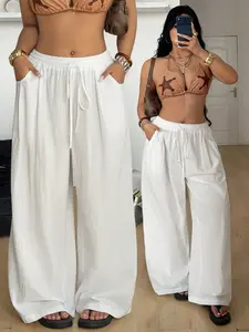 Coolane Plus Size Linen Pants High Waist Tummy Smoothing Baggy Fit Breathable Casual Travel Outfit Relaxed Style