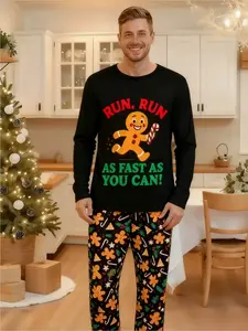 Couple Christmas set: Gingerbread printed soft round-neck casual wear, long-sleeved shirt and pants set, perfect for family gatherings, parties, Christmas Eve, casual pajamas, and couple matching