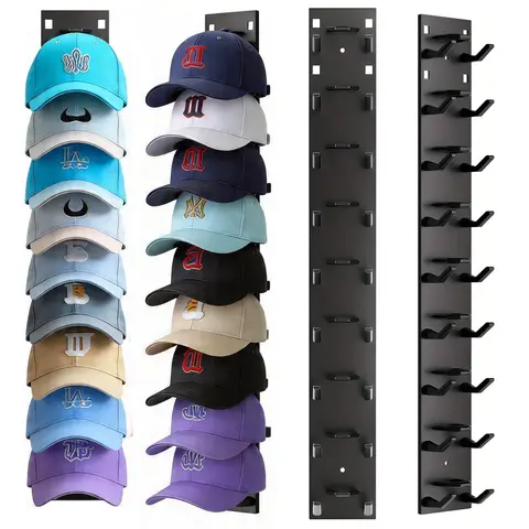 2 Wall-Mounted Hat Organizer- Closet Organization, House Decor, Apartment Stuff, Holds Up to 18 Hats, Includes Strong Adhesive & 2 Screw-On Racks, Suitable for Wardrobe Doors & Bedrooms, Black & White Decorative Key Hook Shelf