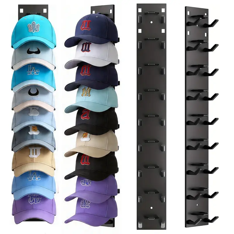 2 Wall-Mounted Hat Organizer- Closet Organization, House Decor, Apartment Stuff, Holds Up to 18 Hats, Includes Strong Adhesive & 2 Screw-On Racks, Suitable for Wardrobe Doors & Bedrooms, Black & White Decorative Key Hook Shelf