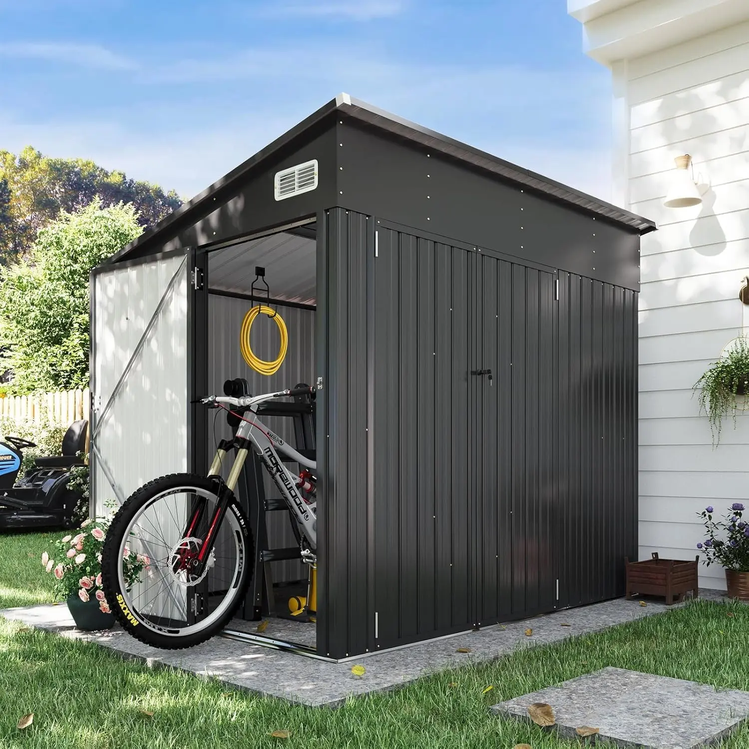 Aoxun Outdoor Metal Storage Shed with Triple-Lockable Doors, Sloping Roof - Organizing Solution for Garden, Backyard Tool Storage (Compatible with Metal Shed Arbours)