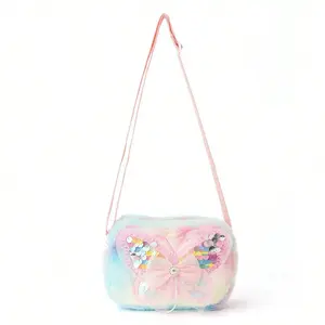 Colorful Sequins Butterfly Plush Crossbody Bag for Girls, Soft Fluffy Kids Shoulder Coin Purse