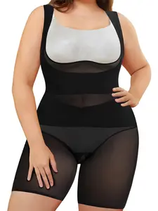 Plus Size Women's High Elastic Breathable Mesh Shapewear Bodysuit Shorts, Ruched Tummy Control Leg Slimming Underwear, Casual Round Neck Vest Top