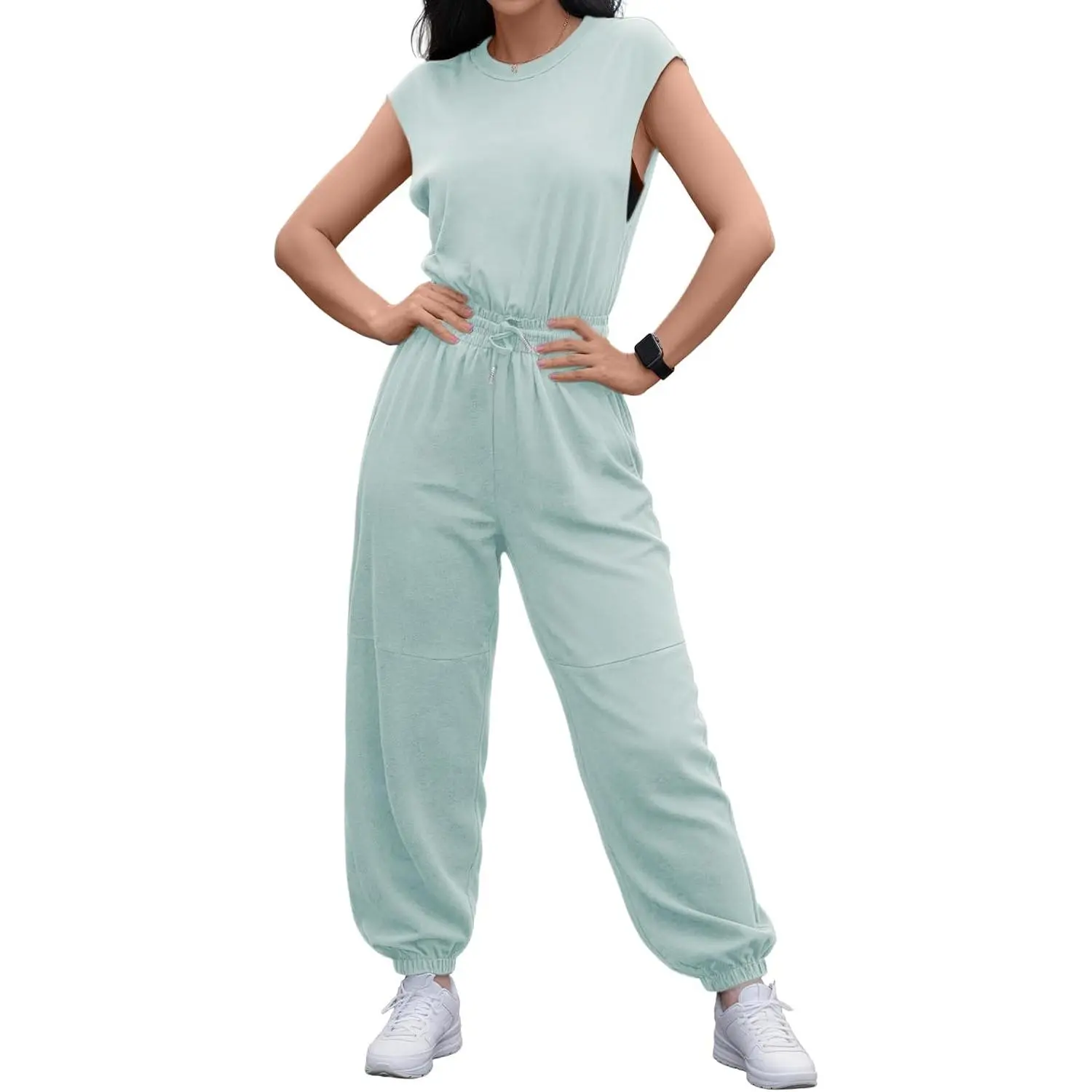 Outfeel Women's Casual Jumpsuit Crewneck Cap Sleeve One Piece Outfits Open Back Button Drawstring Jogger Romper with Pockets