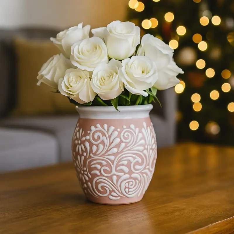 Talavera Pink Flower Vase - Lead Free - White  Floral Design