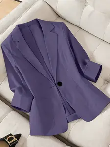 A women's plain lapel single-breasted one-button mid-sleeve double-pocket suit jacket, suitable for spring and autumn seasons suitable for office and daily wear Work Office Suit