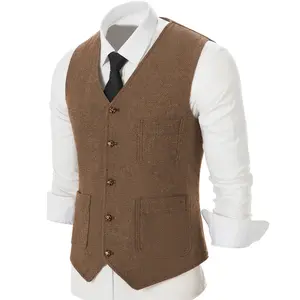 Men's Vintage V-Neck Tweed Suit Vest - Casual Wool Waistcoat for Weddings Groomsmen & Daily Menswear Tops Wetsuit Beige Brown Plain Sleeveless Vneck