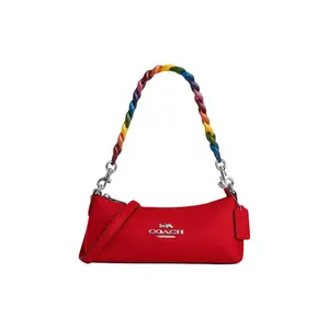 Coach Charlotte 25 Logo Classic Monogram Colorful Chain Zip Top Handle Bag for Women, Pebbled Leather Loaf Bag, Silver and Bright Poppy Multi-Color