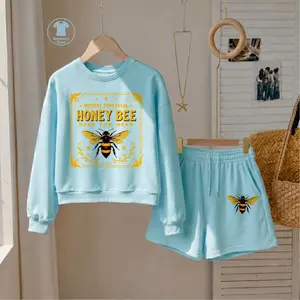 Women’s Honey Bee Graphic Sweatshirt and Shorts Set, Casual 2 Piece Sports Outfit, Long Sleeve Pullover and Drawstring Shorts Matching Set, Cute Bee Print Activewear for Workout, Travel and Daily Wear