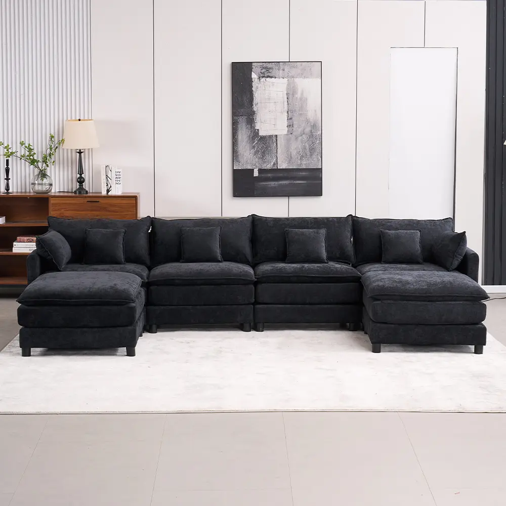 Piece Upholstered Sectional,Sectional Sofa Couch,4 Seat Sectional Couches for Living Room U-Shaped Modern Chenille Sofa Sleeper(Black)