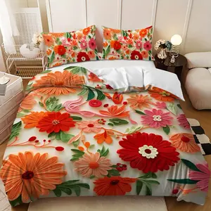 Bedding 3-piece set - 3PCS,Springtime cheerful orange-red floral and green leaf design down comforter set (1 duvet cover + 2 pillowcases, filling not included).soft and comfortable, suitable for family bedrooms.