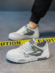 Men's White-Green-Gray Mesh Breathable Platform Low-Top Sneakers: Mesh Splicing + Height-Increasing Anti-Slip, Trendy Casual Sports Shoes, Athletic Lightweight Sneakers