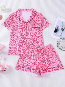 Women's 2-Piece Pink Leopard Print Pajama Set Pjs, Sweet & Cute Short Sleeve Top with Small Pocket + Elastic Waist Shorts, Soft & Comfy Loungewear Womenswear, Lapel Design, All-Season Casual Sleepwear for Ladies