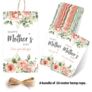 50Pcs Happy Mother's Day Decorative Gift Tags Set, Watercolor Rose Floral Aesthetic Hang Labels, With Hemp Rope For Mother's Day Birthday Present Wrapping, Bouquet Gift, DIY Packaging Craft Decoration