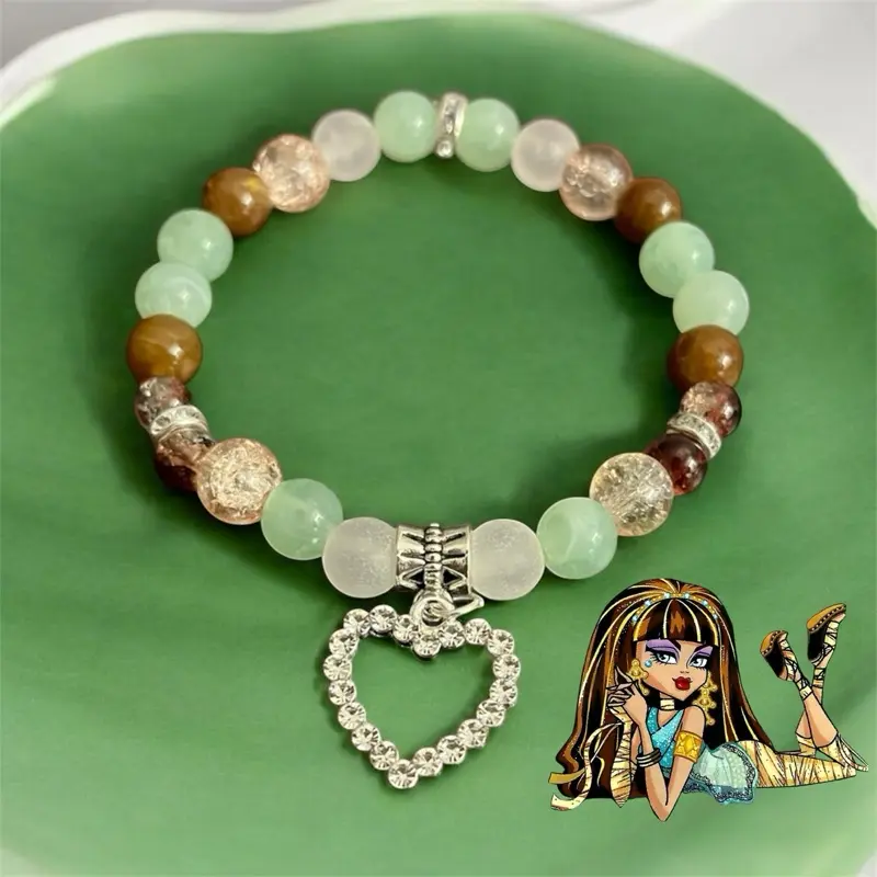 Monster High Cleo Beaded Charm Bracelet with Heart Charm - 1-Size Stretchy Adjustable Bangle, Fashionable Jewelry Accessory
