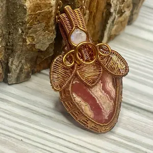 Rhodochrosite+Rainbow Moonstone Copper Wire Handmade “Strawberry” Necklace