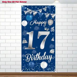 1pc 2D flat banner,17th Birthday Decorations for Boys Girls Happy 17th Birthday Banner Large Size Blue Silver Birthday Backdrop Banner for 17 Years Old Anniversary Birthday Party Photo Prop Booth Background Deco