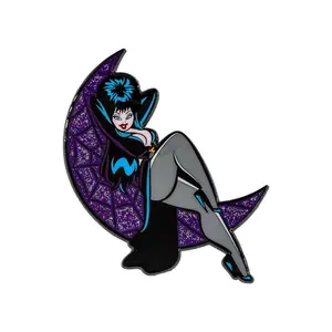 Elvira Crescent Moon Glitter Enamel Pin