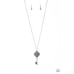 GOT IT ON LOCK - BLUE AQUAMARINE RHINESTONE SKELETON KEY NECKLACE