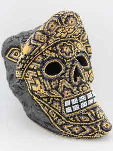 Handmade Handcrafted Black Clay Gold Wixarica Huichol Warrior Skull Statue
