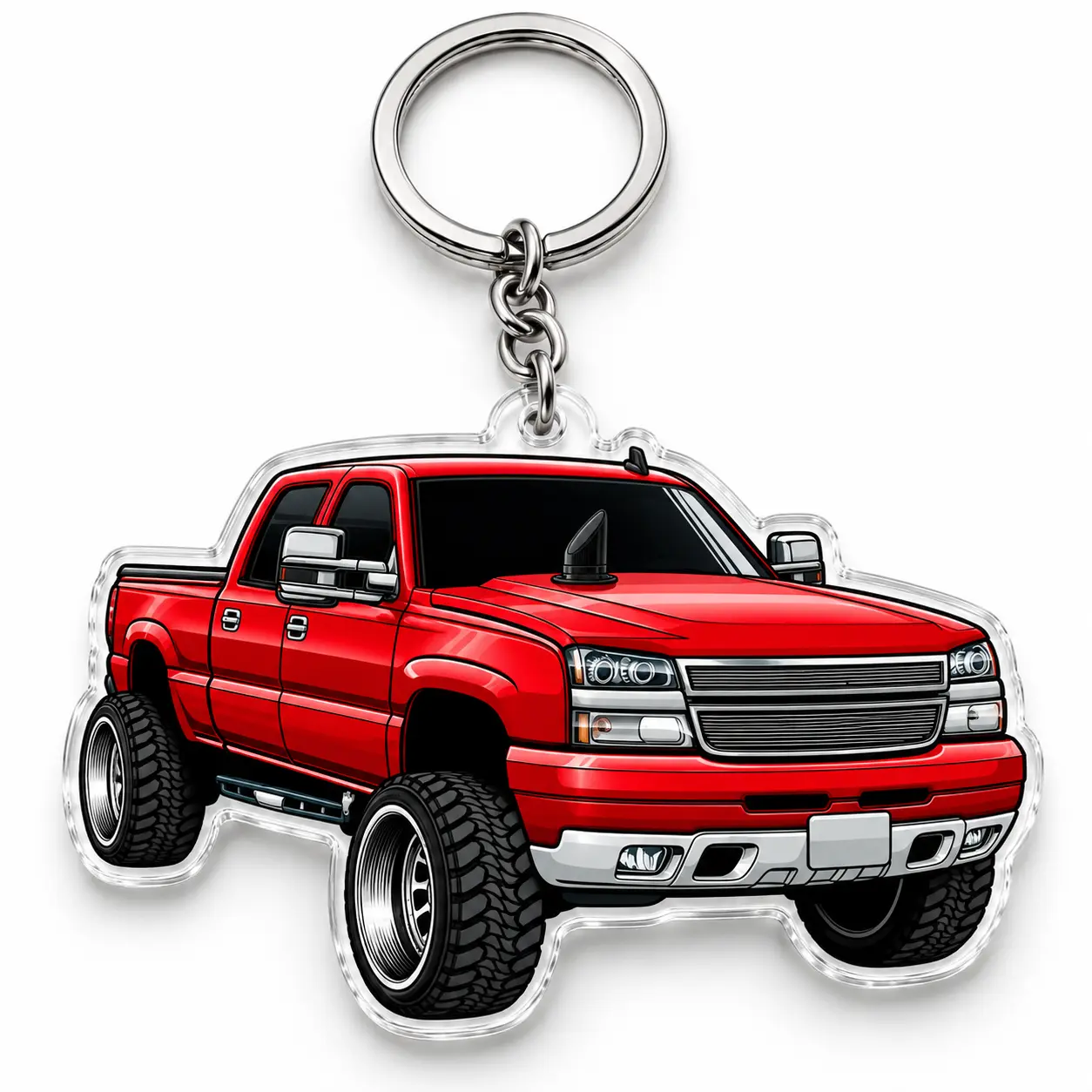 Silverad0 Lifted Truck Keychain, White Pickup Acrylic Keyring, Hood Stack Truck Bag Charm, Off Road Style Accessory, Gift for Chevy Lovers