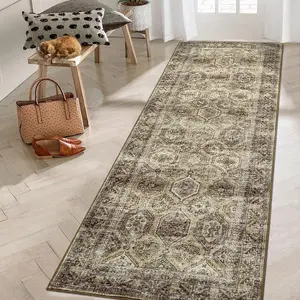 GARVEE Runner Rug 2x6 Machine Washable Floor Carpet, Non Slip Vintage Kitchen Rug, Low Pile Faux Wool Soft Rug, Non-Shedding Distressed Printed Rug for Bathroom, Laundry Room, Entryway, Brown