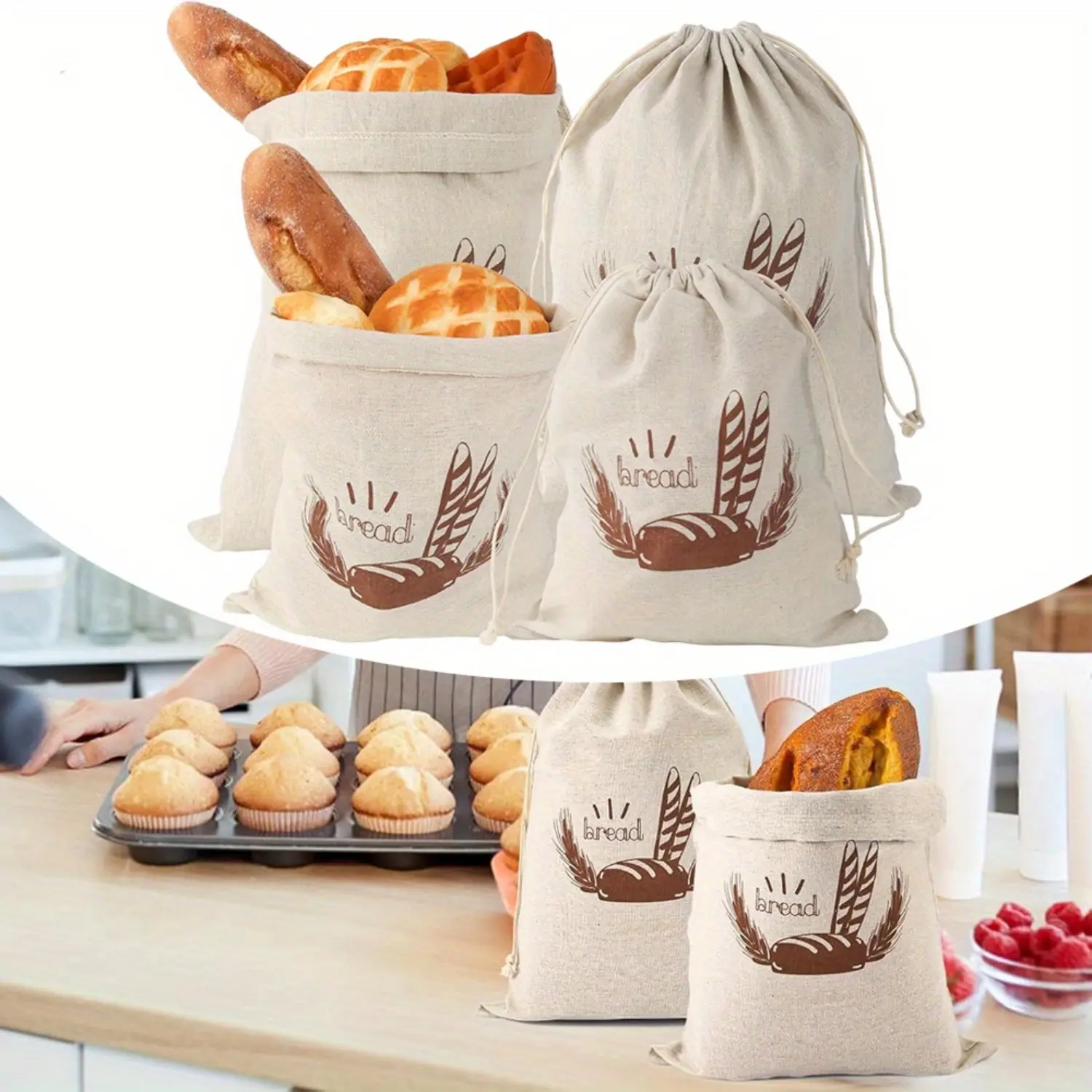 Set of 4 Linen Bread Bags,Bread Bag with Drawstring,Bread Bag Storage Fresh,25 x 30 cm/30 x 38 cm, Linen Bag,Reusable Linen Bags for Baguette,Bread,Fruit,Vegetables Organiser Hand Kitchen Lightweight gift