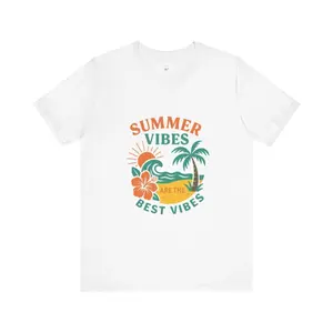 Men's summer vacation and beach lifestyle Graphic T-Shirt - Short Sleeve Crew Neck Regular Fit Casual Wear | Soft & Breathable Fabric, Durable Print, Everyday Comfort, Machine Washable, tropical and retro beach with palm tree, wave, sun, and hibiscus