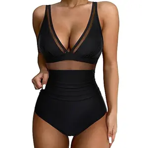 Hot-Selling One-Piece Swimsuit for Women Sexy Hollow Mesh Deep V Gathered See-Through Bikini Glossy Halter Tie Bikini Set Camo Camouflage Swimsuit Bikini Set hanna nikole bikini set tuckable  bathing  suits  target