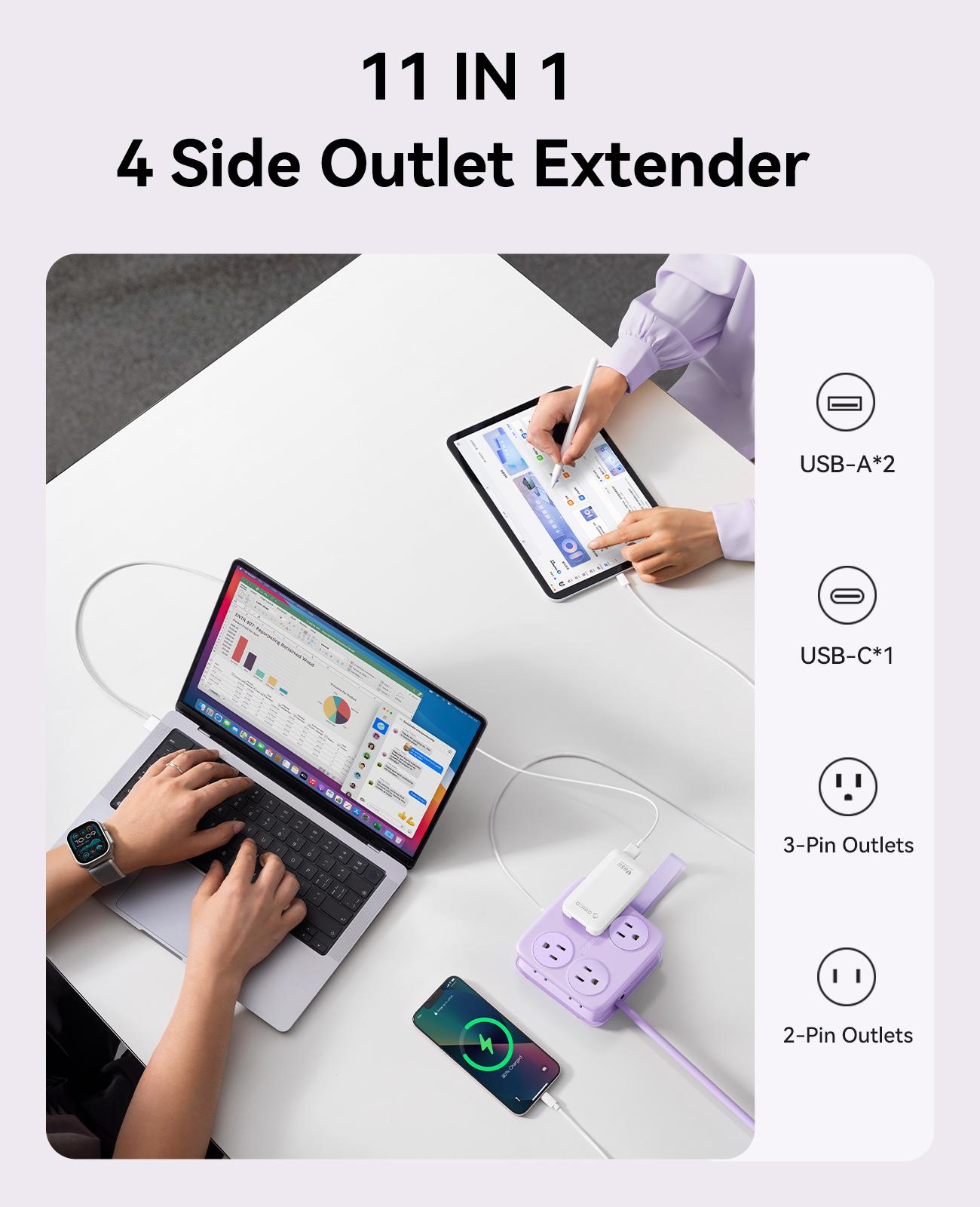 ORICO Power Strip is Designed for Desktop, 5 Ft Extension Cord with 3 USB Ports, 4 Side Outlet Extender & Flat Plug, 11 in 1 Charging Station for Home/Office/Dorm--AP3-8A