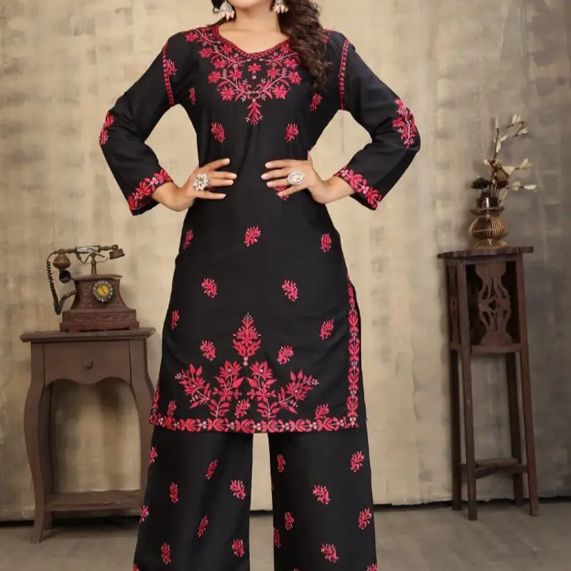 Casual Womenswear New Concept of Full Chikankari Kurti with Pant, size 46/48 and 2pcs suit Rayon Slub Chikankari Embroidery Work