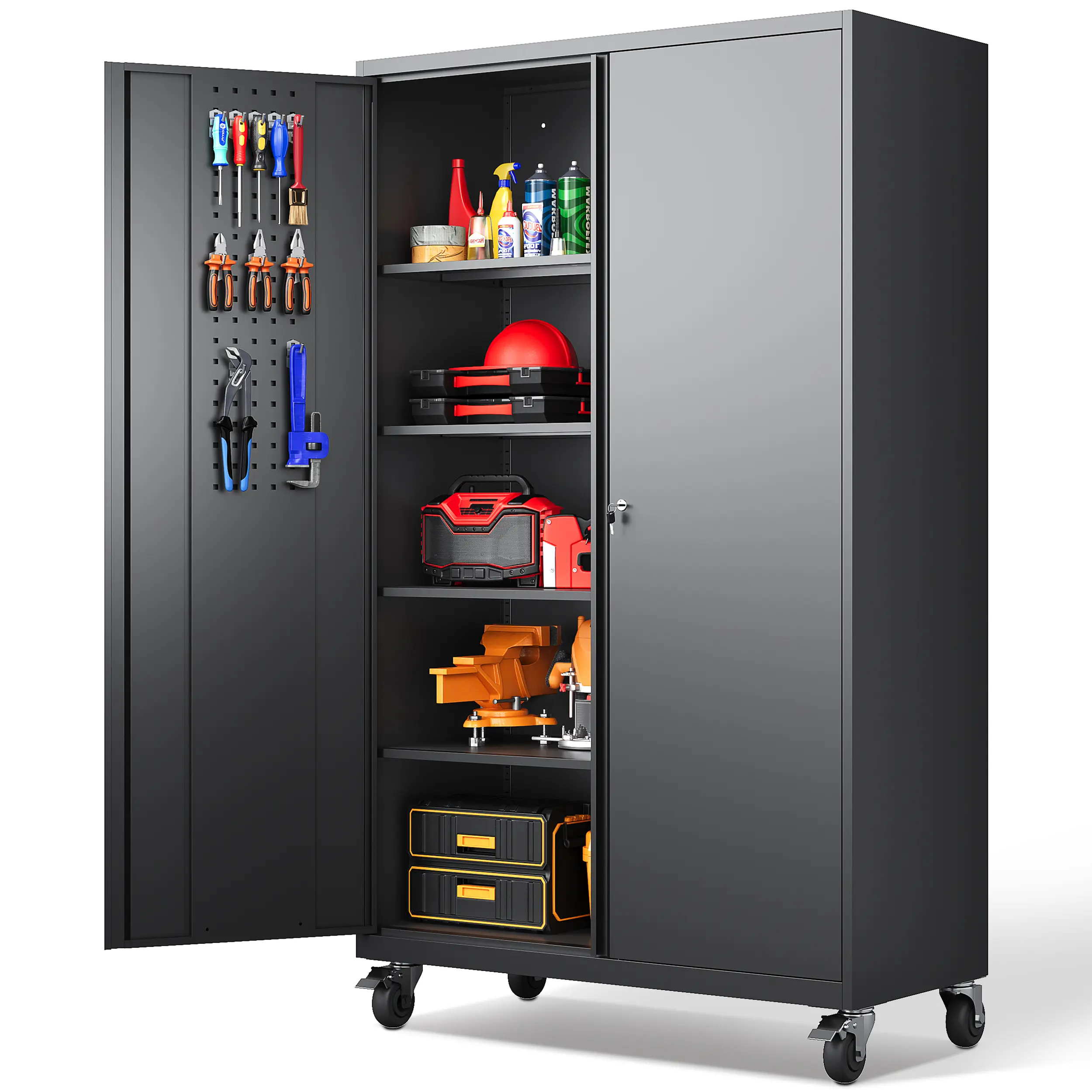 Letaya 20" Deep Steel Tool Cabinet with Rolling Base - Lockable Metal Side Locker Cabinet, Pegboards, Adjustable Racks & Shelves, Mobile Wheels for Garage Organization, Office Use (Maximizes Space, Supports Organization Ideas, Metal Storage Solutions)