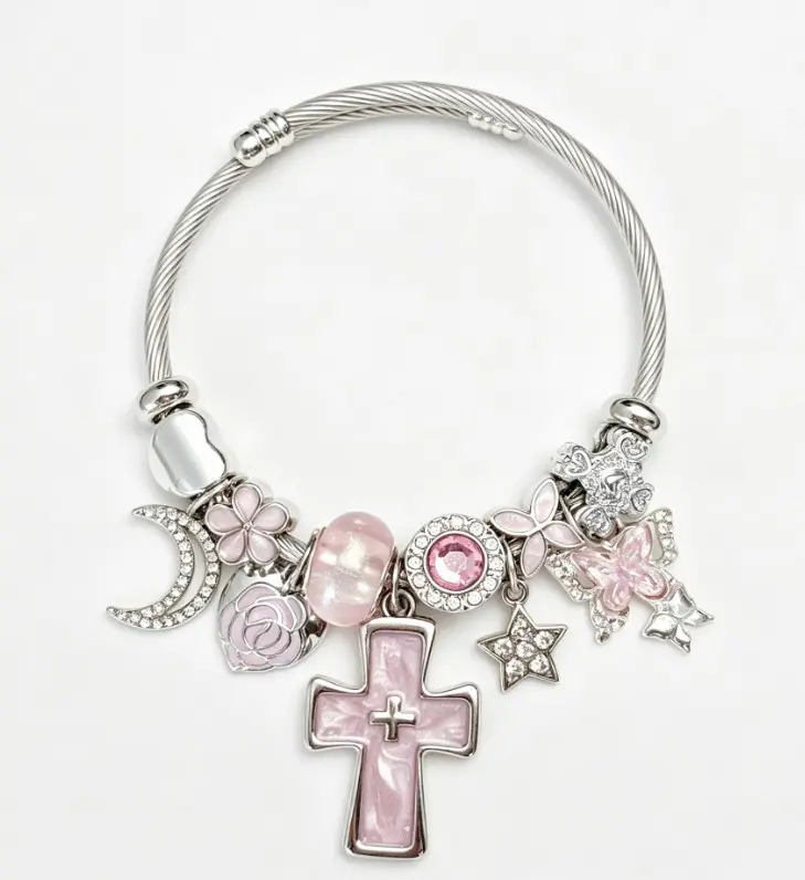 Pink Cross Charm Adjustable Cuff Bangle, Silver Plated Cable Wire Bracelet with Moon Star Butterfly Flower Crystal Charms, Religious Dainty Wrist Jewelry Gift for Women Teen Girls