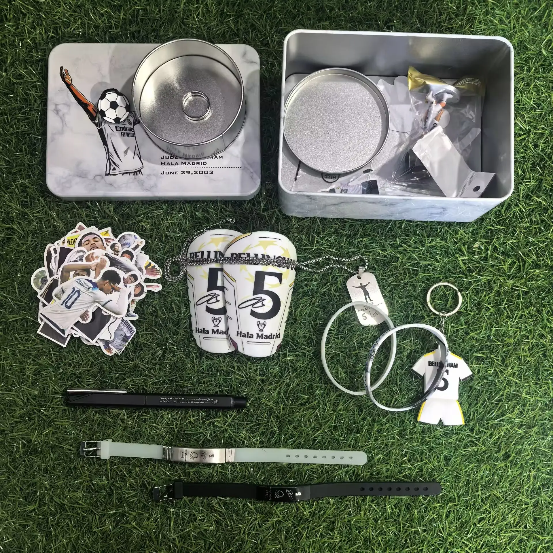 Jude Gift Bundle (1 Gift Box, 50 Stickers, 1 Pen, 1 Necklace, 1 Ring, 1 Pair of Mini Shin Guards(10cm*6cm), 1 brooch,4 Wristbands