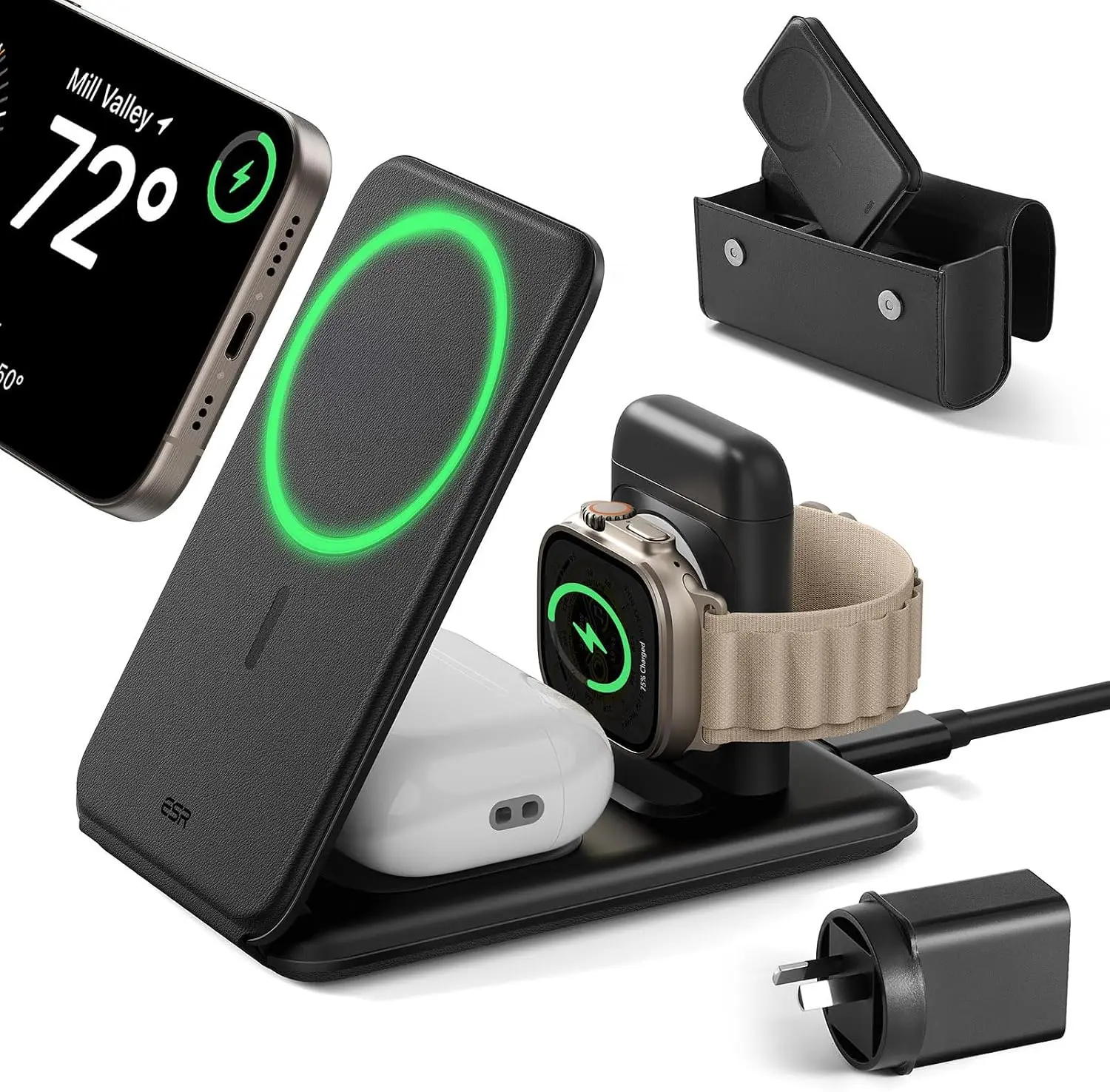 ESR Qi2 3 in 1 Charging Station for Apple, [Certified] Apple Watch Charger & Qi2 15W MagSafe Charger Stand, Travel Charger for iPhone 16/15/14/13/12 Series, Watch & AirPods, Black (Bag Included)