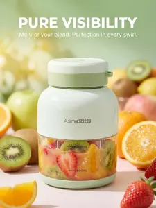 Asma Portable Electric Juicer, 50W Power, 600mL/800mL Dual Cup Capacity, Green, Compact Design. Suitable for smoothies, ice cube blending, juicing, and food processing. Buy one get one free, double lids, avocado green.