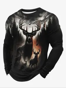 Men's Deer Print Round Neck Long Sleeve T-Shirt, Classic Geometric Casual Comfortable Breathable Top, Street Style, Streetwear, Outdoor Sports, Family Gatherings, Travel