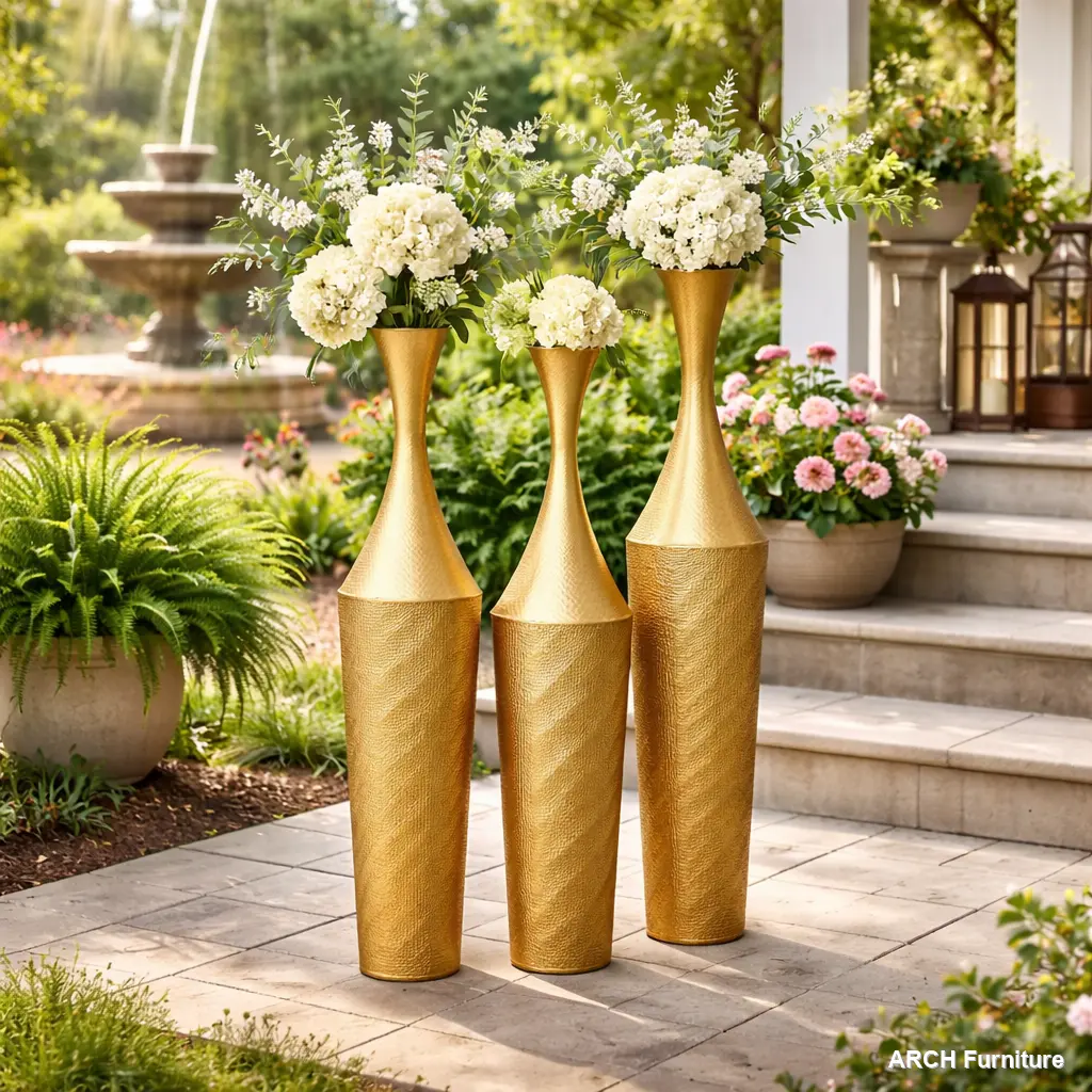 ARCH 3-Piece Bell-Shaped Brass-Colored Tall Metal Floor Vases - Handcrafted Rust-Proof Sturdy Iron, Smooth-Finish, Minimalist Traditional Practical Decor for Modern Farmhouse Living Room, Versatile Gift (13.95in,12.4in,10.85in), Versatile Use