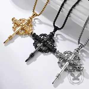 GTHIC Vintage Thorn Wreath Stainless Steel Cross Pendant Retro Religious Necklace for Party or Casual Style