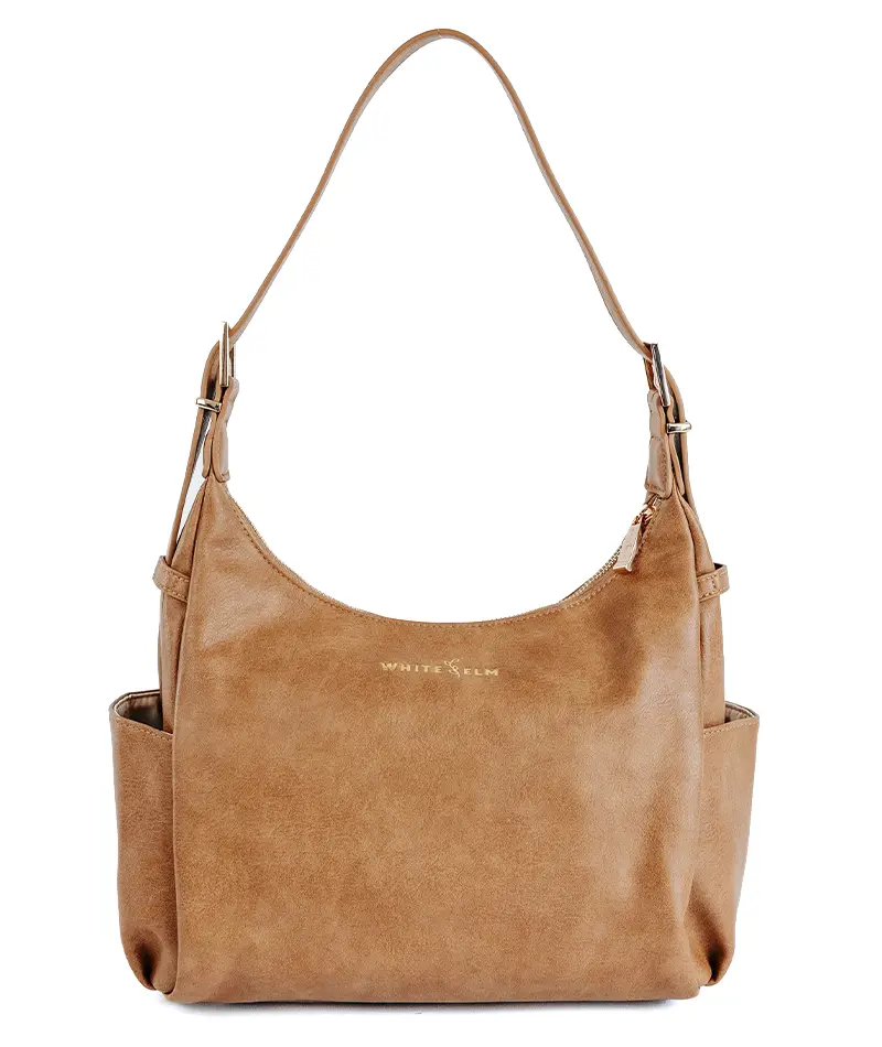 White Elm Camille Hobo - Almond Vegan Leather Mid-Size Bag with Secure Zipper Closure & Organized Interior Pockets